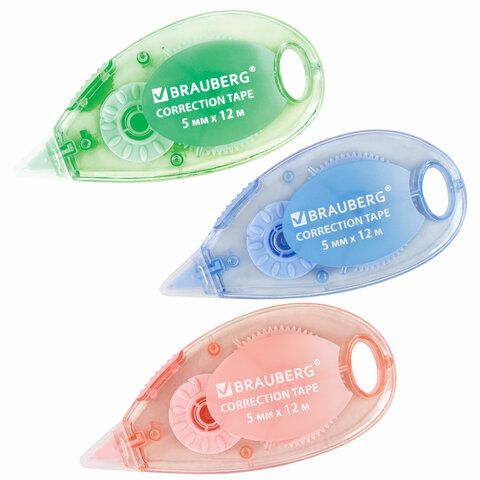 Корректирующая лента BRAUBERG PASTEL, 5 мм x 12 м, механизм перемотки, ВЫГОДНАЯ УПАКОВКА 3 штуки в б