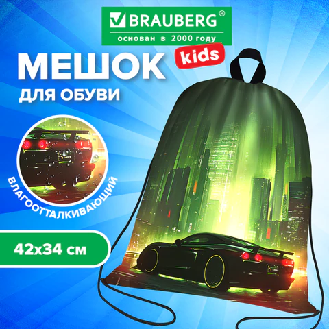 Мешок для обуви BRAUBERG KIDS, с петлей, 42х34 см, "Зеленый город", 274642