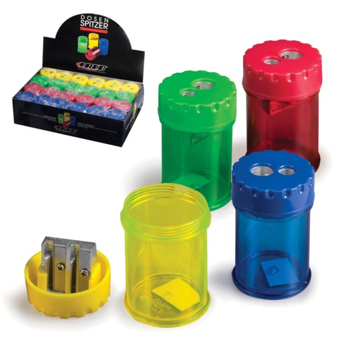 Точилка LACO (ЛАКО, Германия), 2 отверстия, с пластиковым контейнером, 4 цвета (синий, жёлтый, зелён