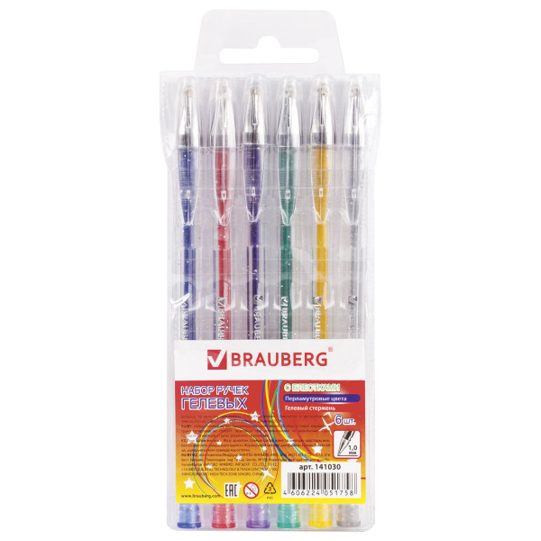 Ручки гелевые BRAUBERG, НАБОР 6шт, "Zero Kids", чернила с блестками, 1,0мм, европодвес, 141030