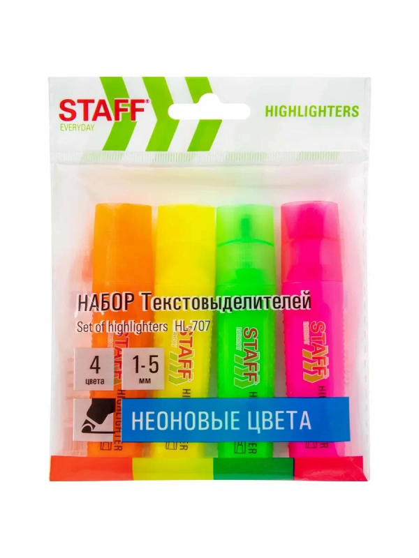 Набор текстовыделителей 4 НЕОНОВЫХ ЦВЕТА, STAFF "EVERYDAY HL-707", линия 1-5 мм, скошенный наконечни