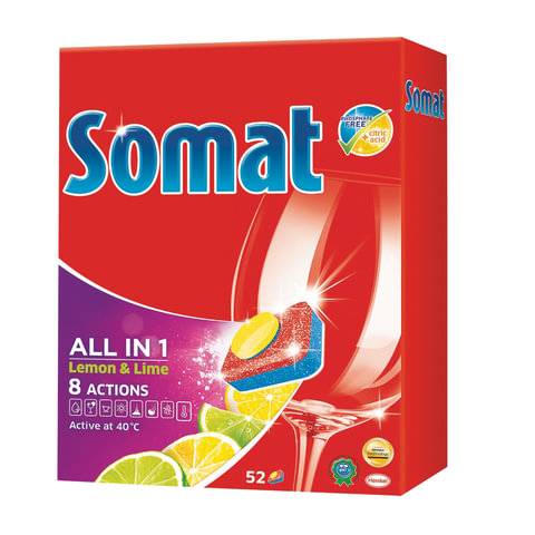 Средство для мытья посуды в посудомоечных машинах 52 шт., SOMAT (Сомат) "All-in-1", таблетки, 207224