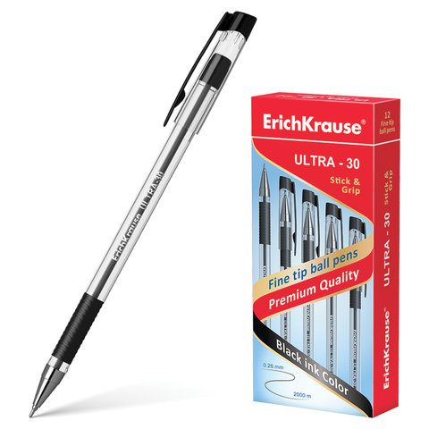 Ручка шарик ERICH KRAUSE "Ultra L-30", ЧЕРНАЯ масл, корп. прозр, толщ.письма 0,7мм, рез. держ,19614,