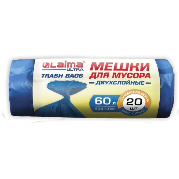 Мешки д/мусора 60л LAIMA "ULTRA" 20 шт. ПВД 21 мкм, 60х70 см, синие