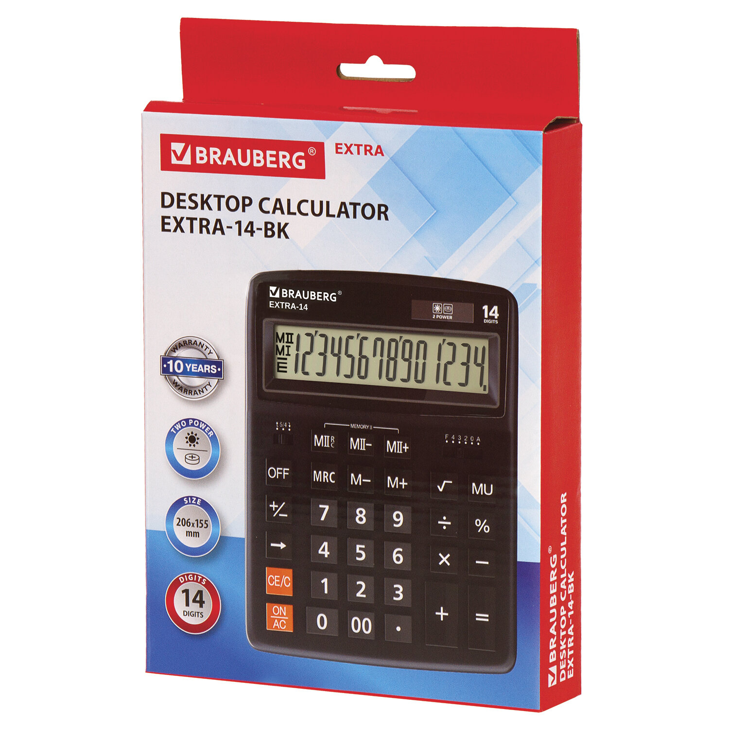 Калькулятор настольный BRAUBERG EXTRA-14-BK (206x155 мм), 14 разрядов, двойное питание, ЧЕРНЫЙ, 2504