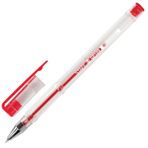 Ручка гелевая STAFF, КРАСНАЯ, корпус прозрачный, хромированные детали, узел 0,5 мм, линия письма 0,3
