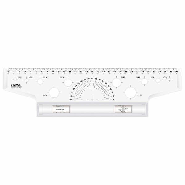 Линейка с роликом (рейсшина), СТАММ металлический ролик, 30см, с транспортиром, прозрачная, ЛР25