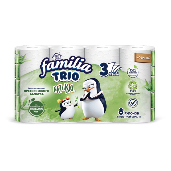 Бумага туалетная бытовая, спайка 8 шт., 3-слойная (8х16,7 м), FAMILIA TRIO Natural, белая, 5080971