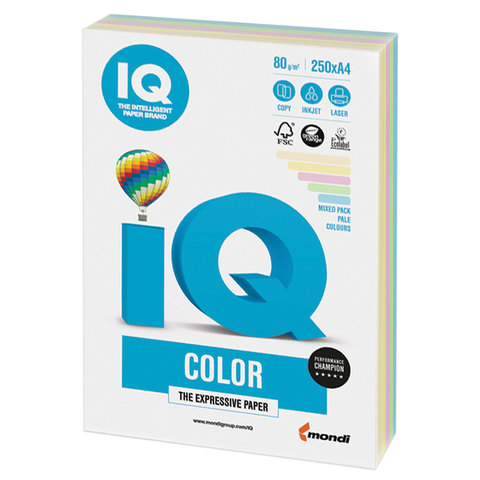Бумага IQ (АйКью) color А4, 80 г/м, 250 л. (5цв.x50л.), цветная пастель RB01 ш/к 06305