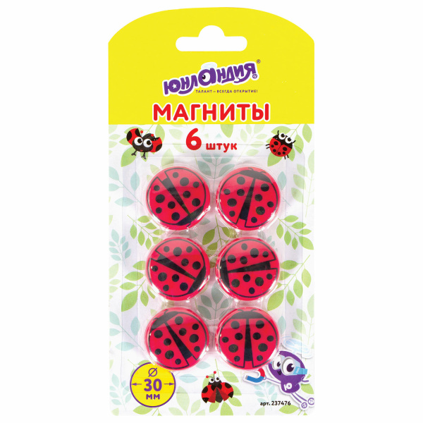 Магниты ЮНЛАНДИЯ 30 мм, НАБОР 6 шт, БОЖЬЯ КОРОВКА, красные, 237476