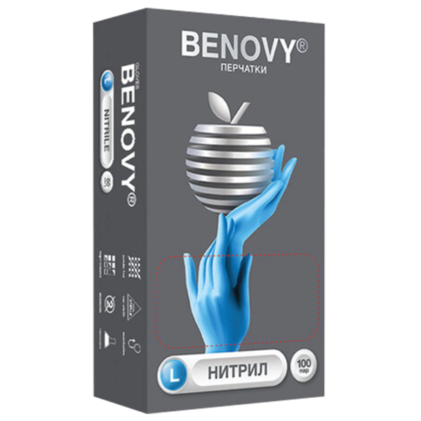 Перчатки нитриловые смотровые 100 пар (200 штук), размер 8-9, L (большой), голубые, BENOVY Nitrile C Перчатки нитриловые смотровые 100 пар (200 штук), размер 8-9, L (большой), голубые, BENOVY Nitrile C