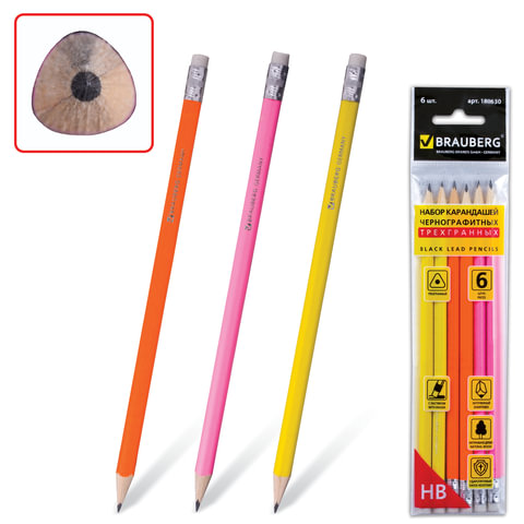 Карандаши ч/гр BRAUBERG,  6 шт., "Triora" (Триора), НВ, трехгранные,ассорти,с рез,заточ,180630Д