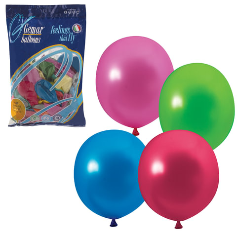 Шары воздушные 10" (25 см), комплект 100 шт., 12 цветов металлик, в пакете, 1101-0001 
