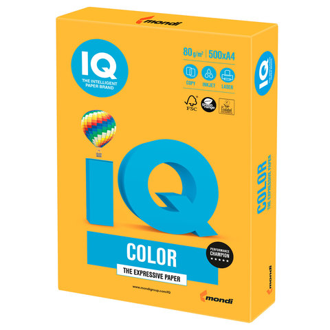 Бумага IQ (АйКью) color, А4, 80 г/м2, 500 л., неон оранжевая, NEOOR 