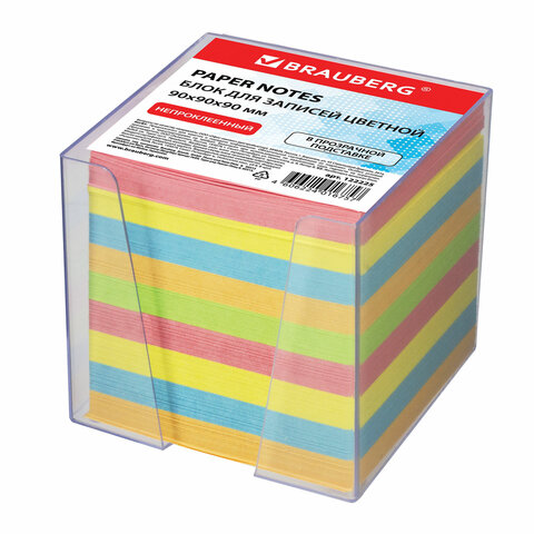 Блок для записей BRAUBERG в подставке прозрачной, куб 9*9*9, цветной, 122225