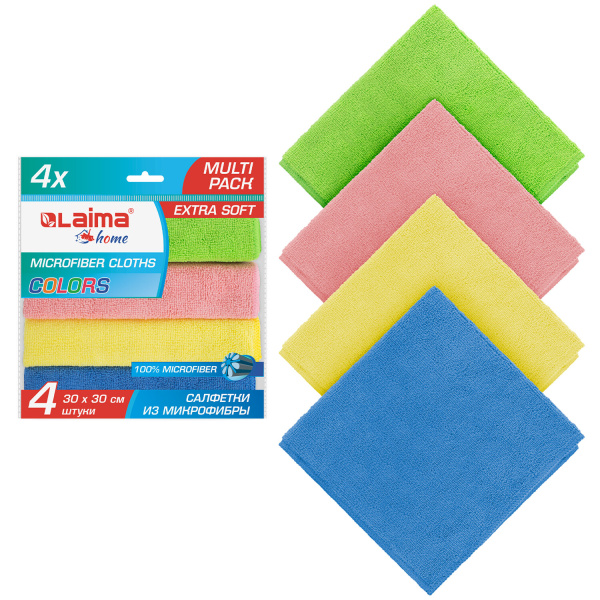 Салфетка из плотной микрофибры 30х30 см "MULTI PACK PRO COLOUR 30", КОМПЛЕКТ 4 шт., 280 г/м2, LAIMA,