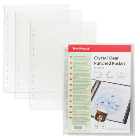 Папки-файлы перфорированные A4 ERICH KRAUSE, КОМПЛЕКТ 10шт., гладкие, ВЕРХНИЙ КЛАПАН, 0,03мм, 30635