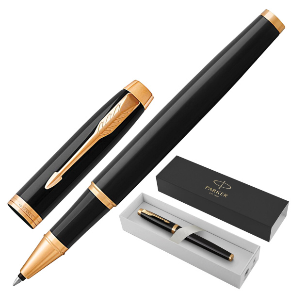 Ручка-роллер PARKER "IM Core Black Lacquer GT", корпус черный, латунь, лак, позолоченные детали, чер