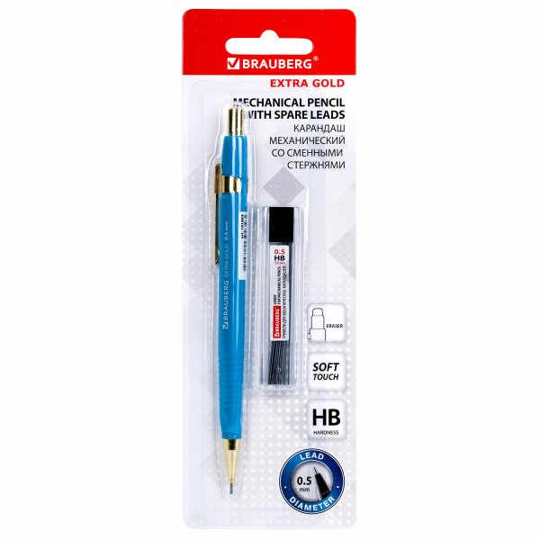 Карандаш механический 0,5 мм + грифели HB 12 штук на блистере, BRAUBERG EXTRA GOLD, корпус SOFT TOUC