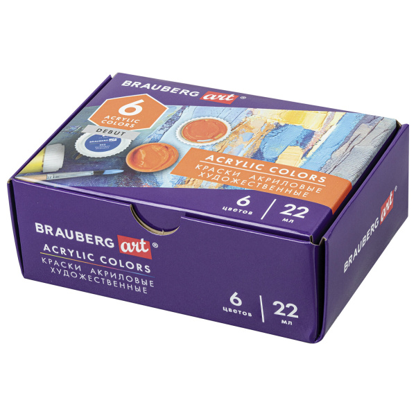 Краски акриловые художественные, НАБОР 6 штук по 22 мл в банках, BRAUBERG ART DEBUT, 192297 Краски акриловые художественные, НАБОР 6 штук по 22 мл в банках, BRAUBERG ART DEBUT, 192297