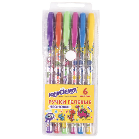 Ручки гелевые ЮНЛАНДИЯ, НАБОР 6 шт., АССОРТИ НЕОН, корпус с печатью, узел 0,7 мм, линия письма 0,5 м