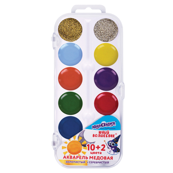 Краски акварельные ЮНЛАНДИЯ "ЮНЫЙ ВОЛШЕБНИК", медовые, 10+2 цвета (золото+серебро), круглые кюветы