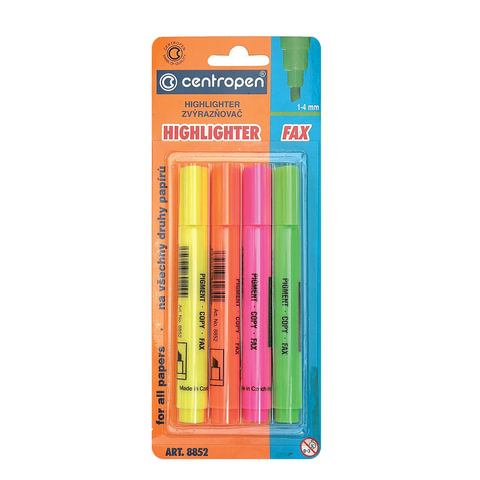 Текстмаркеры CENTROPEN, НАБОР 4шт., скошенный наконечник 1-4,6мм, цвета неоновые, ассорти,8852/4PVC