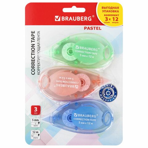 Корректирующая лента BRAUBERG PASTEL, 5 мм x 12 м, механизм перемотки, ВЫГОДНАЯ УПАКОВКА 3 штуки в б