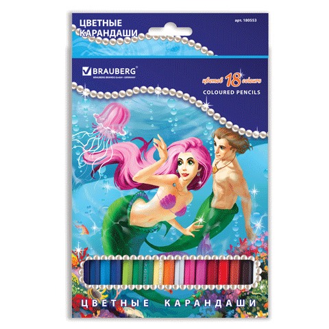 Карандаши цветные BRAUBERG "Ocean love" (Морские истории) 18цв, заточ., карт.уп. с блестками, 180553 Карандаши цветные BRAUBERG "Ocean love" (Морские истории) 18цв, заточ., карт.уп. с блестками, 180553