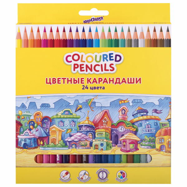 Карандаши цветные ЮНЛАНДИЯ "ДОМИКИ", 24 цвета, пластиковые,классические, грифель мягкий 3 мм, 181838