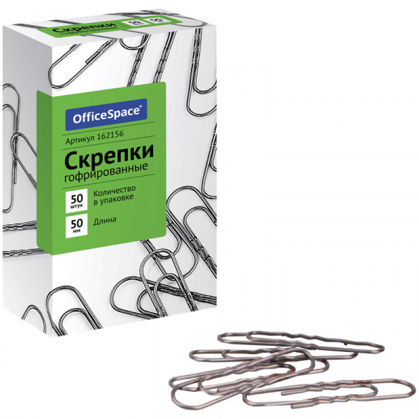 Скрепки 50мм, OfficeSpace, 50шт., гофрированные, карт. упак.
