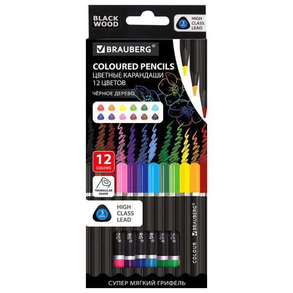 Карандаши цветные чёрное дерево BRAUBERG BLACK WOOD, 12 цветов, грифель мягкий 3 мм, 181948