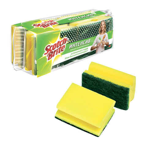 Губки бытовые SCOTCH-BRITE, комплект 8 шт., "Интенсив", чистящий слой, профильные, 67х93х45 мм, HD-N