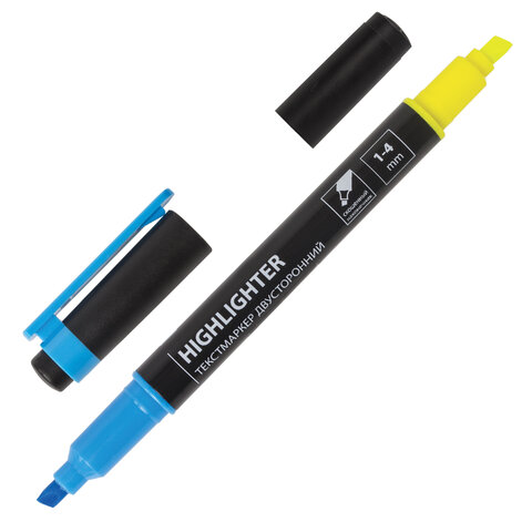 Текстмаркер BRAUBERG двусторонний, скошенный наконечник 1-4 мм, лимонный/голубой, 150842