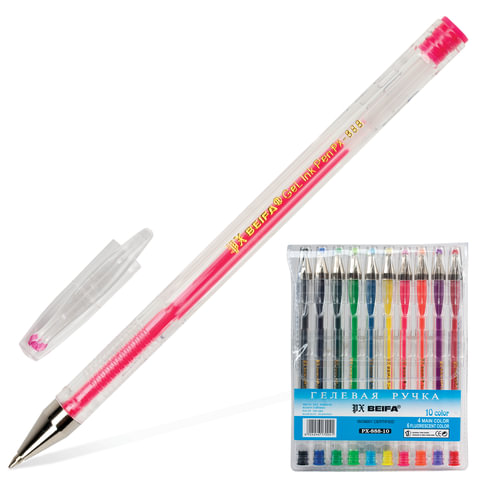 Ручки гелевые BEIFA (Бэйфа), НАБОР 10шт, корп.проз, цв.дет, металл.након, 0,5мм, подв, PX888-10,ассо