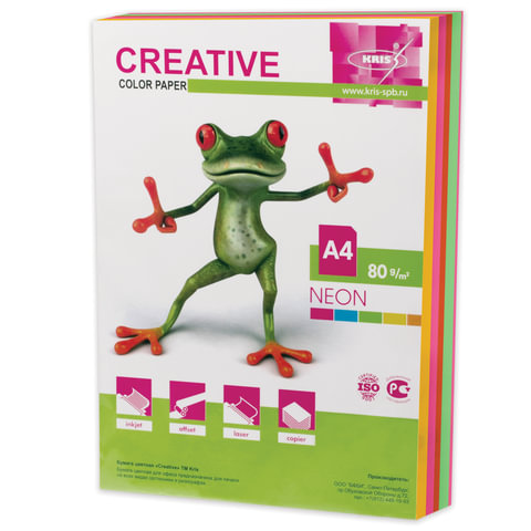 Бумага CREATIVE color (Креатив) А4, 80г/м, 250 л. (5 цв.х50л.) цветная неон, БНpr-250r, ш/к 41942