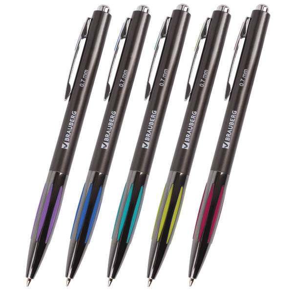 Ручка шариковая BRAUBERG автоматическая, RBP042, корпус ассорти, хромированные детали, 0,7 мм,резино