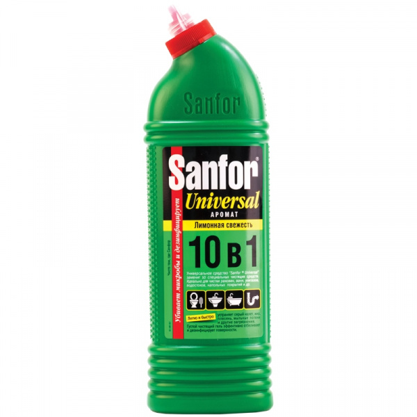 Чистящее средство для сантехники Sanfor "Universal 10в 1. Лимонная свежесть", гель с хлором, 1л