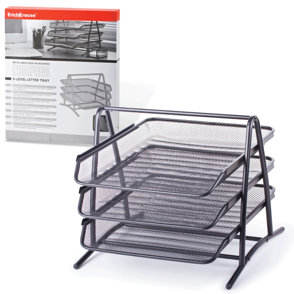 Лоток горизонтальный металлический для бумаг, 3 секции, ERICH KRAUSE, А4 (275х295х350 мм), черный