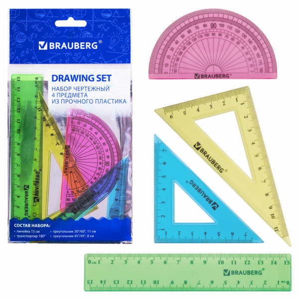 Набор чертежный BRAUBERG "Сrystal" (линейка 15см, 2 треуг., тр-тир), цветной, упак.с европодв,210295