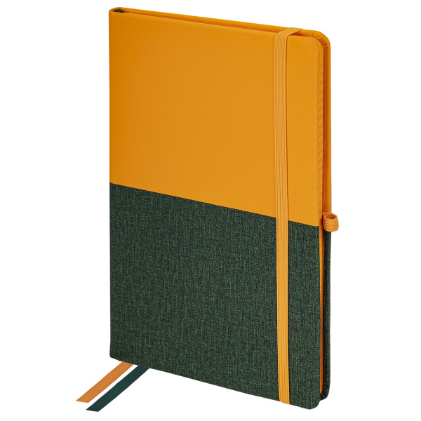 Блокнот А5 148х218мм BRAUBERG DUO под кожу с резинкой, 80л, клетка, оранжевый/зеленый, 113435