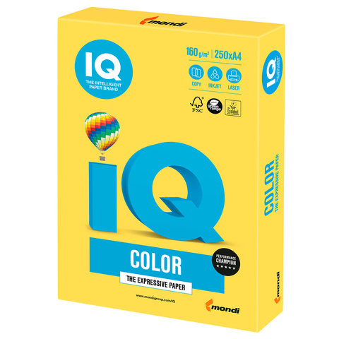 Бумага IQ (АйКью)color, А4, 160 г/м2, 250 л., интенсив канареечно-желтая, CY39