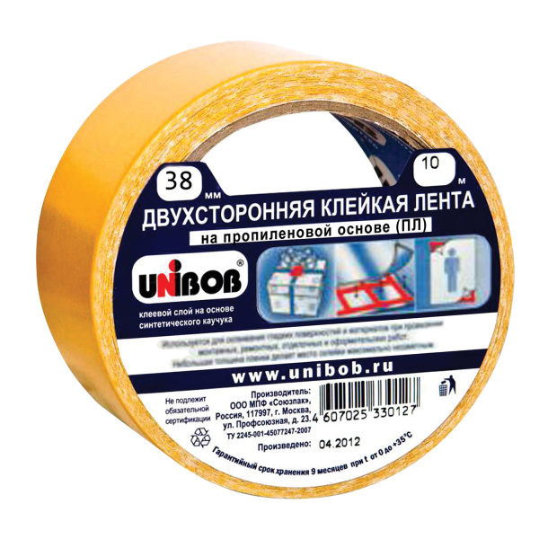 Клейкая лента двусторонняя 38мм*10м полипропиленовая основа, UNIBOB