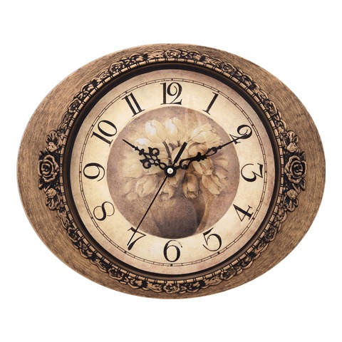 Часы настен. SCARLETT SC-25I овал, бежевые с рисунком, коричн.рамка, плавный ход 31.8x26.1x4.4 см