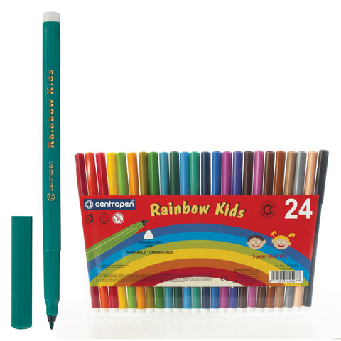 Фломастеры CENTROPEN "Rainbow Kids", 24 цв, смываемые, эргономичные, вентилируемый колпачок, 7550/24