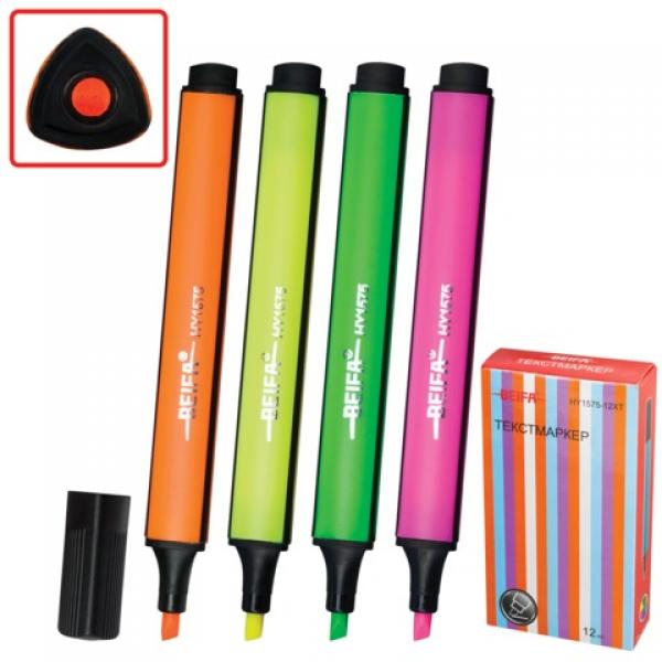 Текстмаркер BEIFA (Бэйфа) скошенный наконечник 1-6мм, цвет ассорти, HY1575-12XT