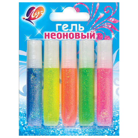 Гели с блестками ЛУЧ "Неоновый", 5цв, в тубах по 5мл, (алый,зелен,желт,розов,гол), блистер,12С886-08