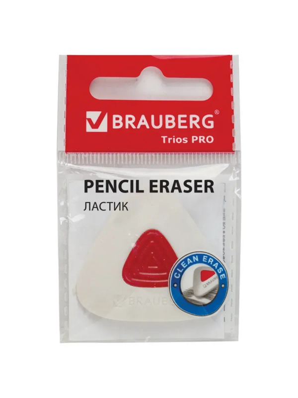 Ластик BRAUBERG "Trios PRO", 36х36х9 мм, белый, треугольный, красный пластиковый держатель, 229559 