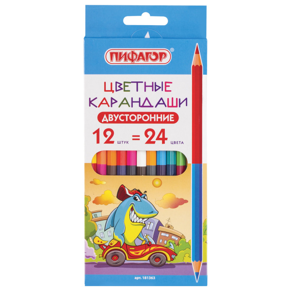 Карандаши двусторонние ПИФАГОР "ВЕСЕЛАЯ АКУЛА", 12 штук, 24 цветов, заточенные, европодвес, 181363