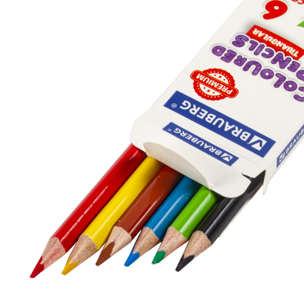 Карандаши цветные BRAUBERG PREMIUM, 6 цветов, трехгранные, грифель мягкий 3,3 мм, 181650